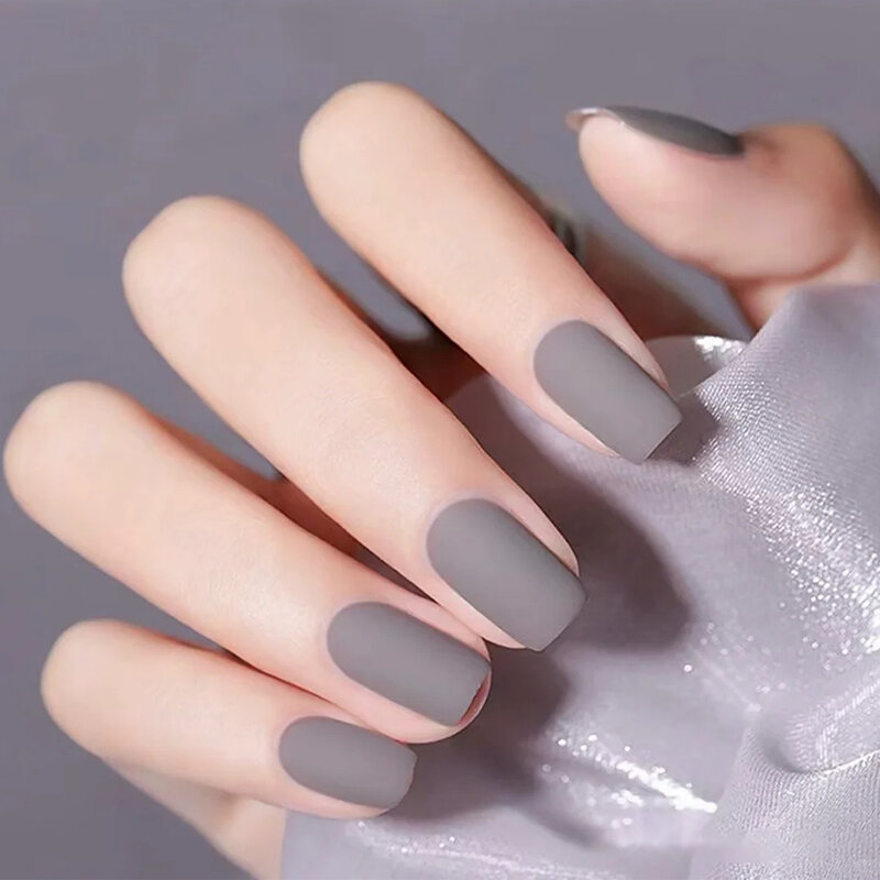 120Pcs-Matte Grey Color Short Ballet Fake Nails Full Cover Acrylic Nails Press On Nail Medium Matte Solid Manicure dla kobiet DIY