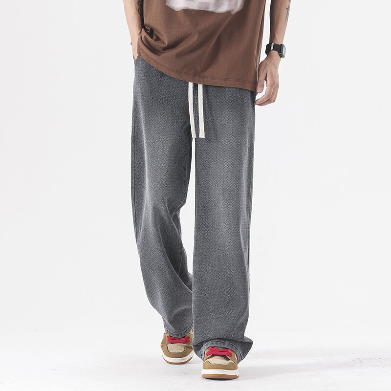Pantalones vaqueros delgados de pierna ancha para hombre, ropa de calle de cintura elástica, moda coreana, 2024