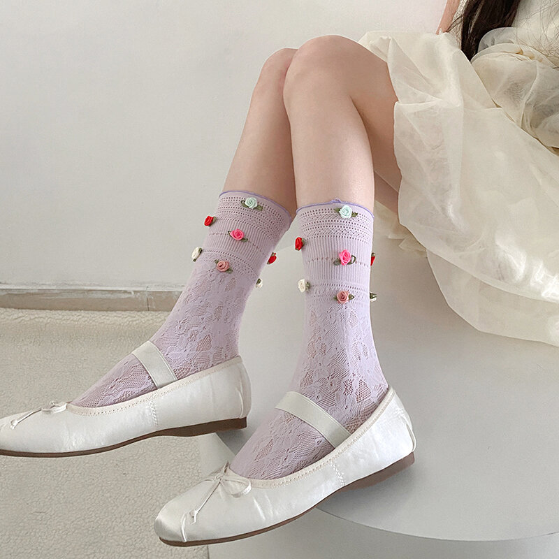 Calcetines cortos transpirables para mujer, medias Ultra finas, decoración de flores de Rosa dulce, estilo francés JK, primavera y verano, 1 par