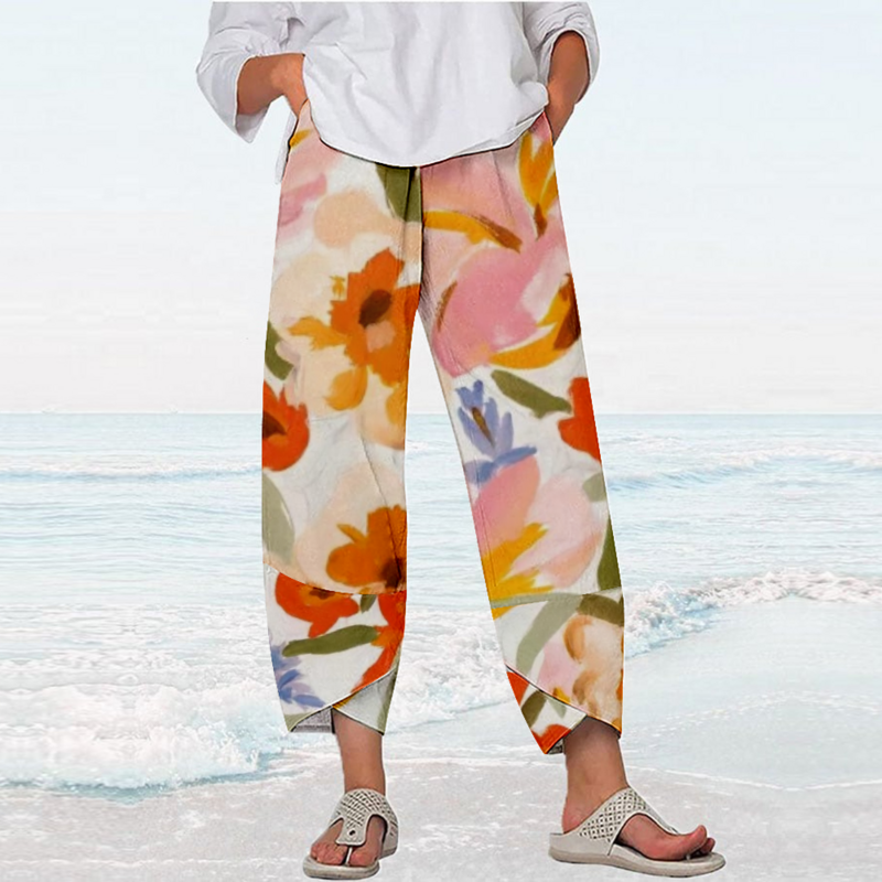 Lato Retro spodnie z kwiatowym nadrukiem Y2k ubrania Streetwear damskie spodnie plażowe luźne spodnie dresowe Capri biegaczy damskie Pantalones
