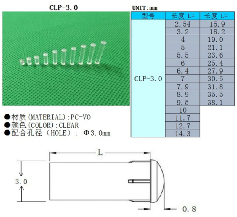 Tubo de luz LED diodo, tubo de luz, abajur substituir, ClP-3.0, cor clara, 2,54mm-15,9mm, 3mm, 100 pcs