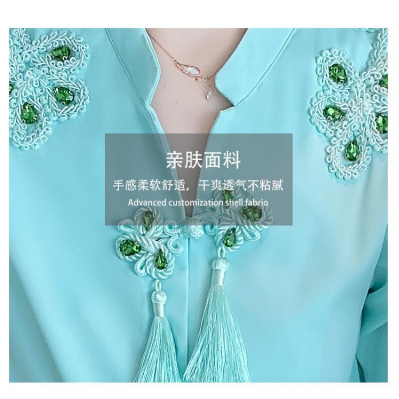 2023 neuer Frühling neuer V-Ausschnitt Tang Anzug bestickt besticktes Schnür-Langarmhemd für Damen-Design und einzigartiges Top