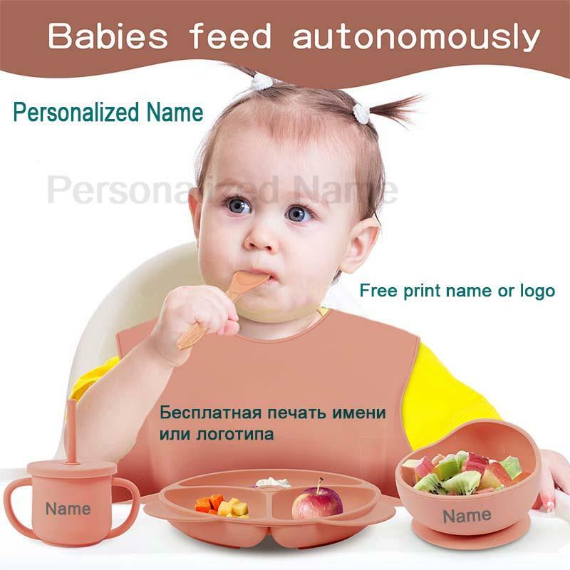 Baby Fütterung platte setzt Saug schale Silikon platte für Kinder 6 Stück Kinder geschirr personal isierter Name Abendessen Geschirr Tassen Löffel