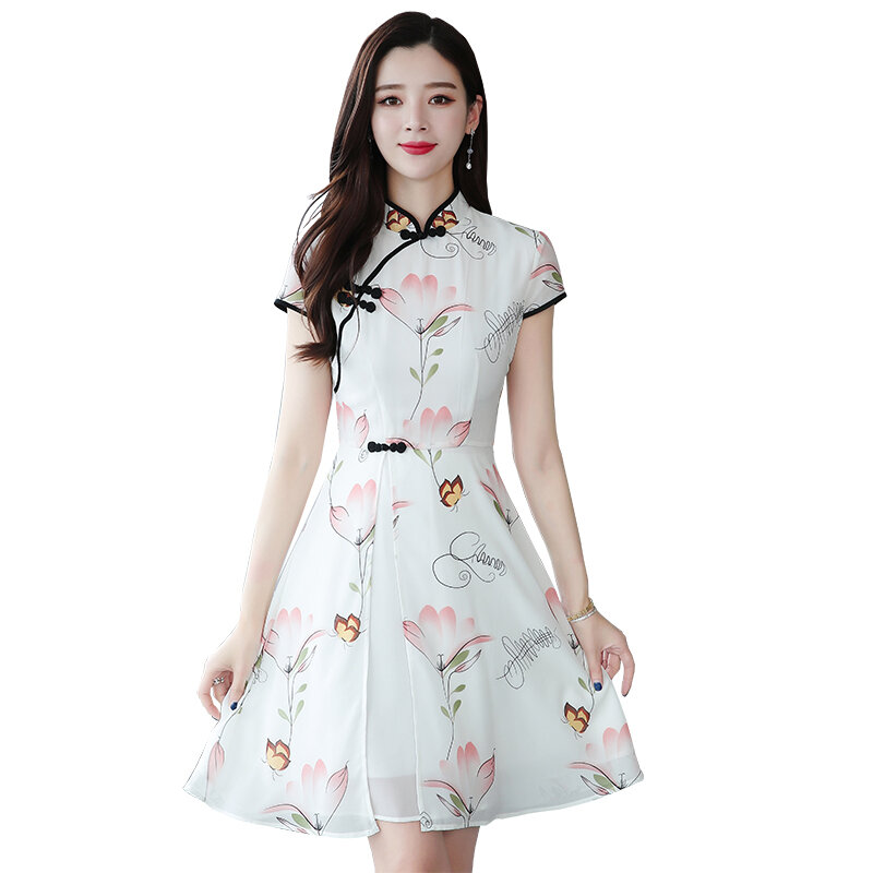 2023 Summer New Modern Improved Cheongsam Chiffon Printing Vintage Traditional Chinese Style Slim Qipao Dress