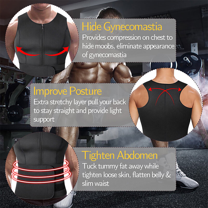 Men Neoprene Sauna Sweat Vest Waist Trainer Corset Body Shaper Zipper Slimming Tank Top Fat Burner Workout Weight Loss Shapewear