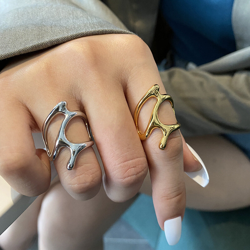 Modieuze Verstelbare Ring Goud En Zilver Cirkel Holle Onregelmatige Vrouwen Ring Tak Dagelijkse Partij Esthetische Sieraden