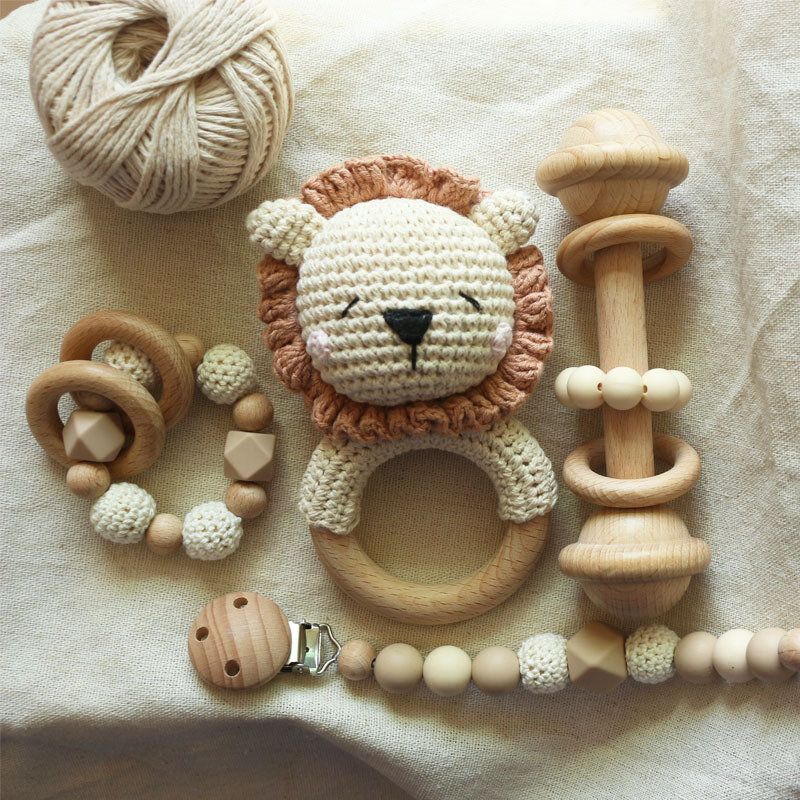 1set Baby Crochet Rattle Bell Natural Wooden Lion Teething Toy Bracelet Silicone Beads Pacifier Dummy Clips Soother Kids Toys