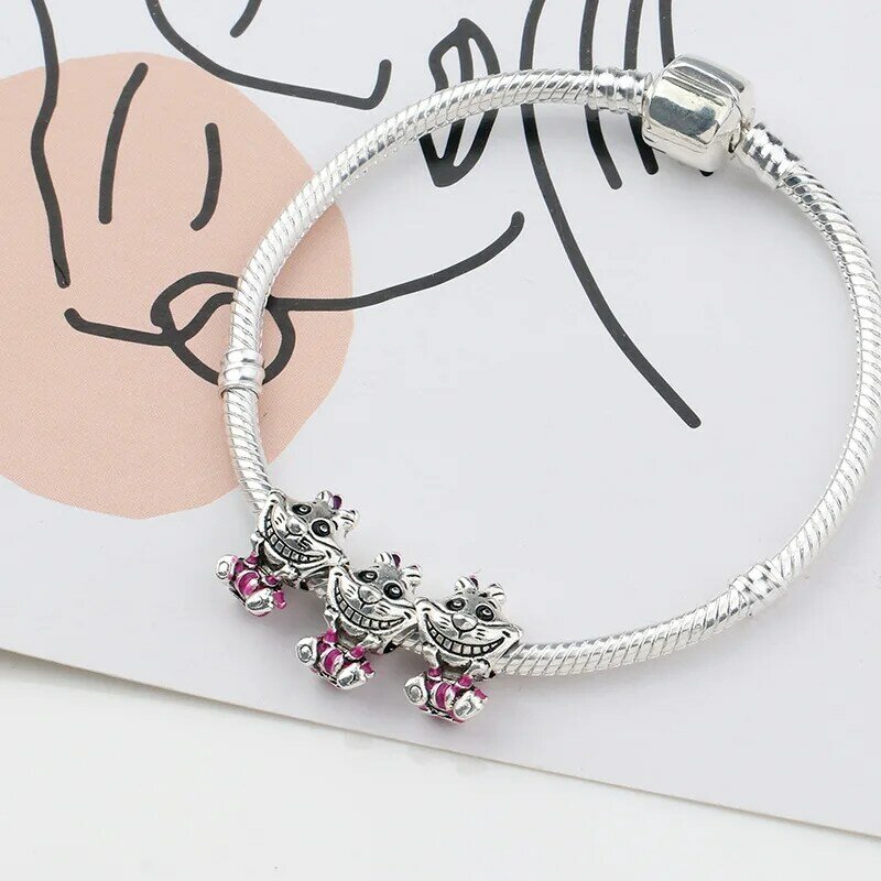 Aoger-Perles de chat du Cheshire Disney, Alice au pays des merveilles, pendentif à breloque, convient au bracelet Pandora original, bijoux en argent regardé 925