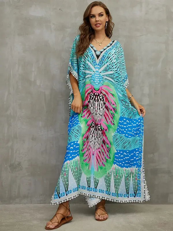Artystyczna sukienka Kaftan długa sukienka kobiety V neck drukuj Maxi sukienka tunika na plażowy płaszcz kąpielowy Plage Sarong kostium kąpielowy strój kąpielowy Cover Up