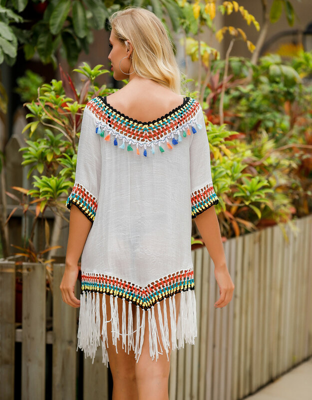 Rainbow Color Fringed V-neck Beach Blouse Hollow Sun Protection Holiday Sweet A-Line