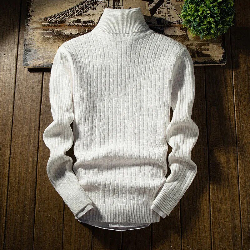 Sweater pria, pakaian Sweater rajutan pria kerah tinggi, kasual mode musim gugur dan musim dingin