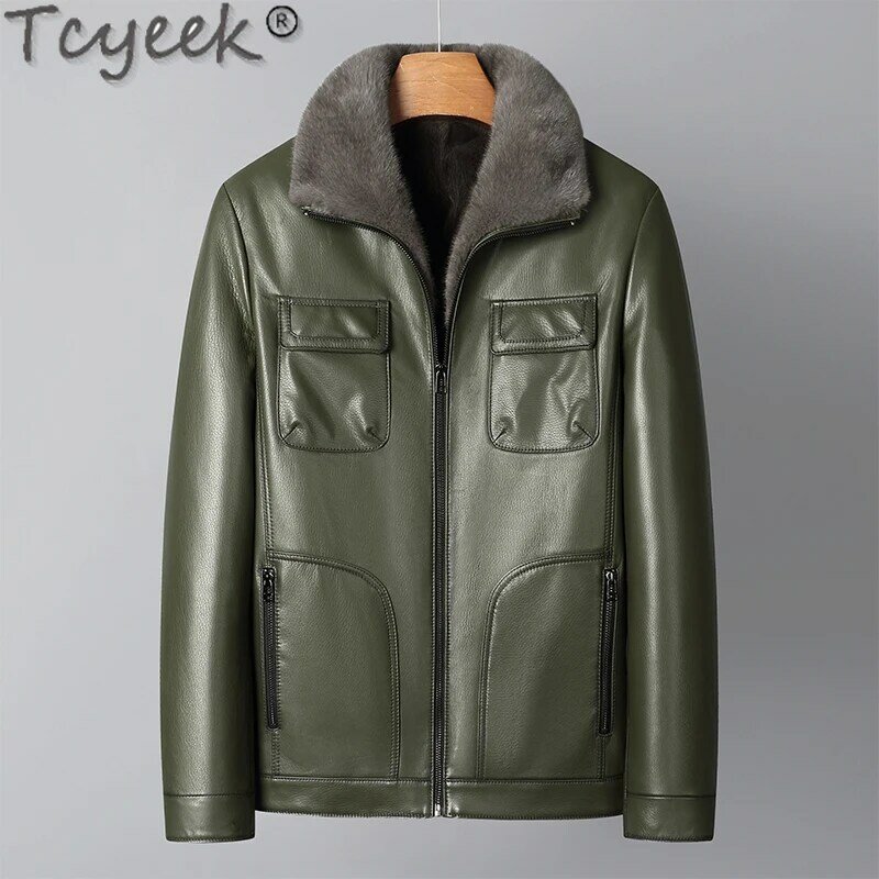 Tcyek 겨울 남성용 진짜 모피 재킷, 진짜 염소 가죽, 진짜 가죽 재킷, 2023 슬림핏 패션, 밍크 모피 라이너 코트, 녹색
