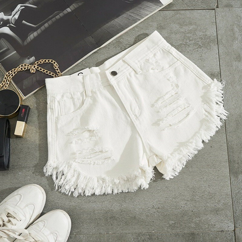 Pantalones cortos de mezclilla blancos para mujer, con agujeros minivaqueros rasgados, Sexy, ropa de calle con borlas y cintura alta, novedad de verano, 2024