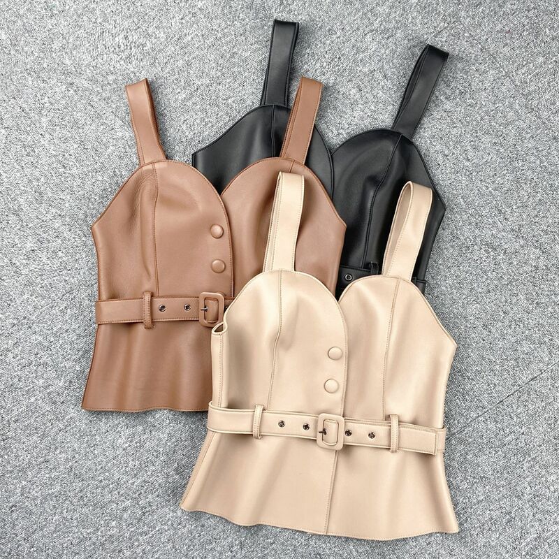 2023 Women New Genuine Sheep Leather Vest Slim Versatile Real Sheepskin Leather Suspender E8