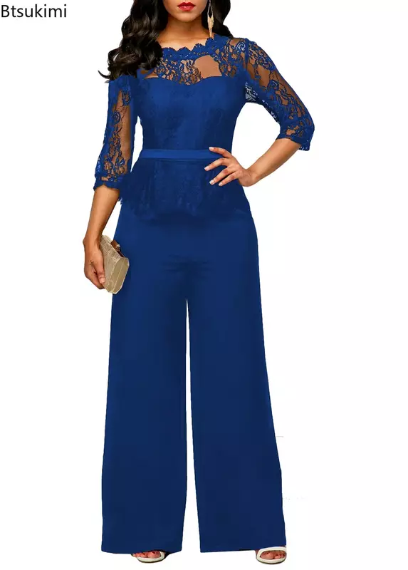 2024 Women's Elegant Lace Jumpsuit Pants Office Ladies Oversized Overalls Hollow Out Lace Sexy See Through Jumpsuit Trousers 5XL
