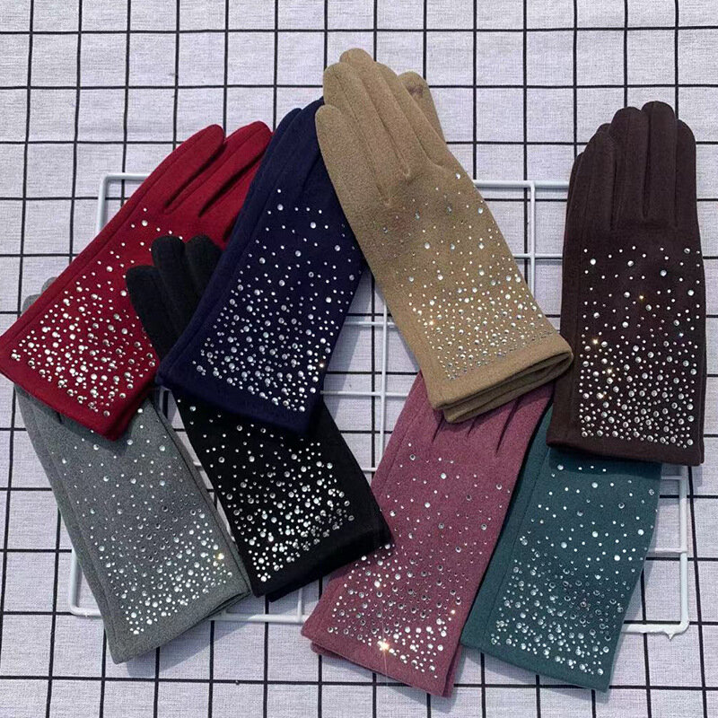 Fashion Diamonds Glove Women Vintage Winter Touch Screen Full Finger Warm Windproof Cycling Driving Female Gloves Mittens T41