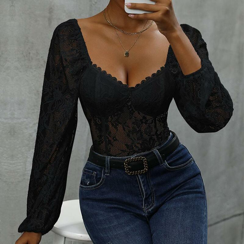 Lightweight Romper Elegant V Neck Lace Patchwork Romper with Flower Embroidery Hollow Out Detail for Women Slim Fit Long Sleeve