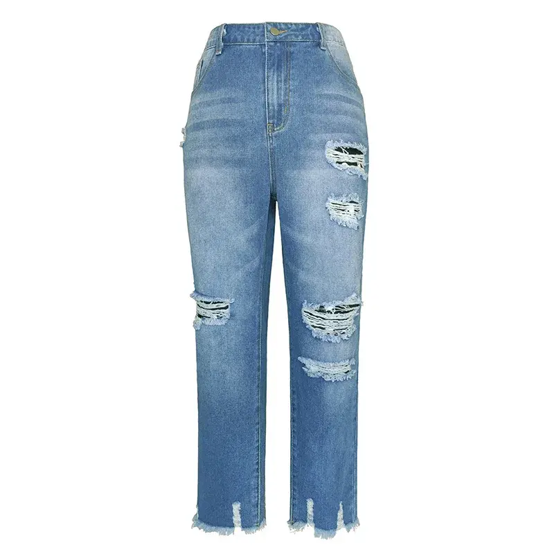 Calças jeans retas casuais femininas, jeans com furos, até o tornozelo, bolso velho, moda de rua, feminina, nova