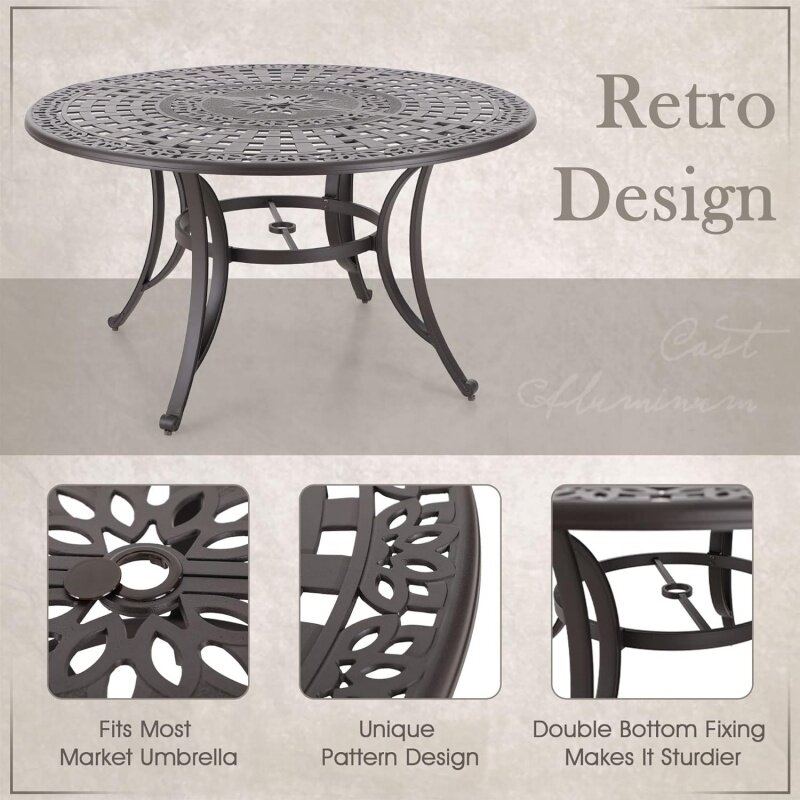 MFSTUDIO 캐스트 알루미늄 원형 파티오 식탁, 레트로 디자인 패턴, 야외 테이블, 4-6 다크 브라운, 54 인치