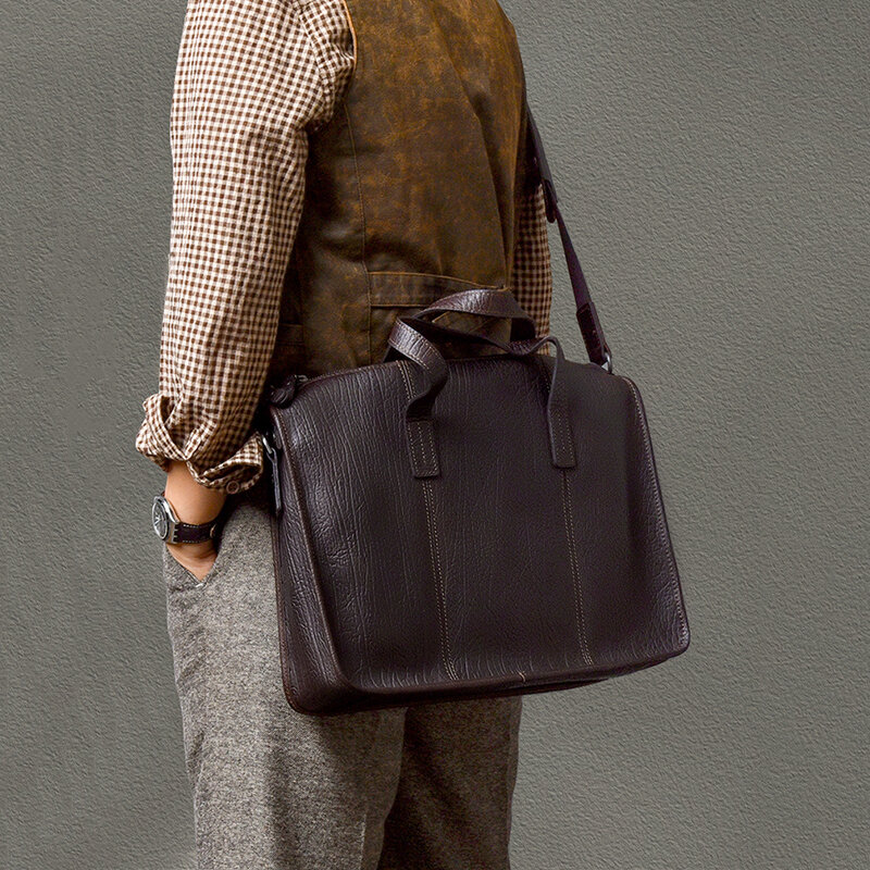 Leathfocus Vintage Cowhide Messenger Bags Men's Leather Briefcase Business Office Handbag Luxury Man Bag 15.6 Laptop Bag
