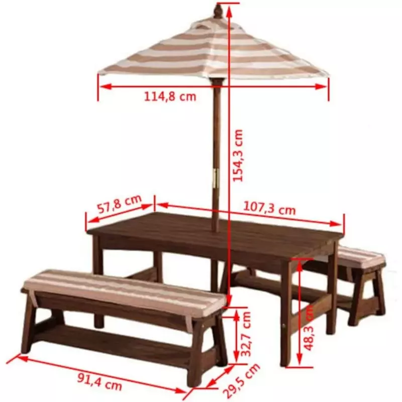 Table et banc d'extérieur en bois avec coussins et parapluie, meubles de jardin, livraison gratuite