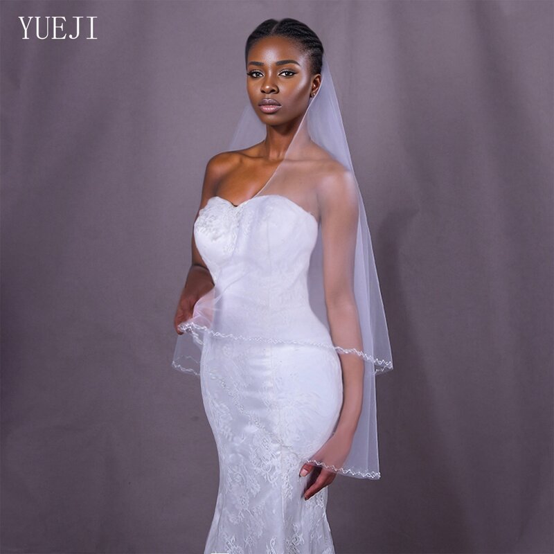 YUEJI-حجاب زفاف مزين بالخرز اليدوي بطبقتين ، أحمر خدود الزفاف ، تول ناعم ، أبيض ، طرف الإصبع ، حافة الكريستال ، مشط ،