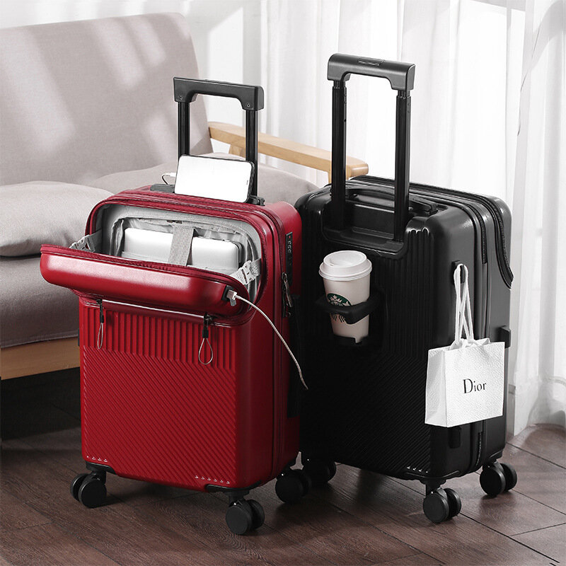 US Многофункциональный передний крепежный багаж, Женский Чемодан большой вместимости, держатель для чашки, троллейка, троллейный багаж, тройной 20-дюймовый борд
