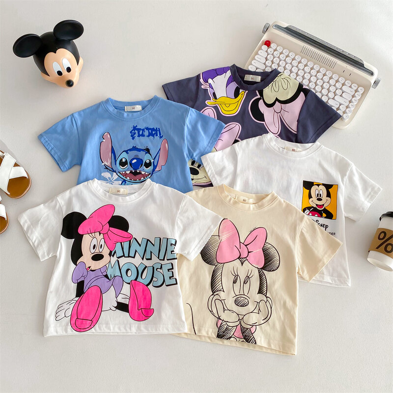Kaus lengan pendek bayi laki-laki perempuan, T-shirt Musim Panas imut kartun Disney, Kaus anak perempuan lengan pendek bermotif Minnie, atasan kaus anak-anak