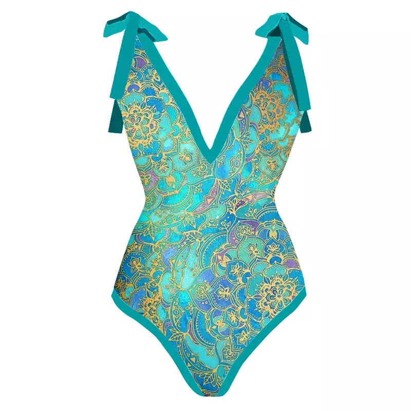 Modny kolorowy nadruk strój kąpielowy z dekoltem w serek kombinezon seksowny, zbierający smukłe stroje plażowe dla kobiet luksusowy strój kąpielowy Push up