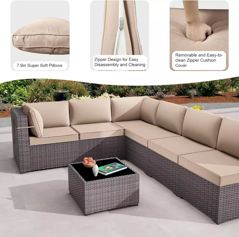 7 Pieces Wicker Patio Conversation SetsModern Outdoor Sectional Furniture Patio Sets All-Weather for Backyard Balcony