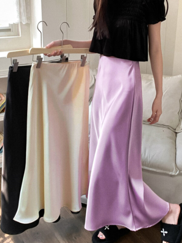 Элегантные женские юбки с высокой талией, шелковая атласная трапециевидная юбка, женская модная однотонная фиолетовая длинная юбка для женщин, мода 2024