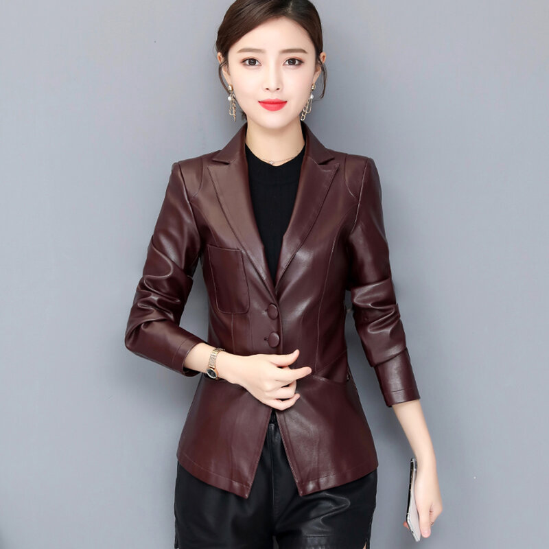 New Women Leather Small Blazer Spring Autumn Fashion Suit Collar Single Breasted Slim Sheepskin Short Coat Split Leather Jacket