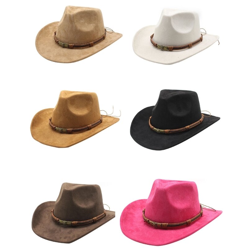 Multiple Color Breathable Cowboy Hat Western Style Curved Brim Hat Casual Sunproof Hat with Ethnic Style Hat Rope Decor
