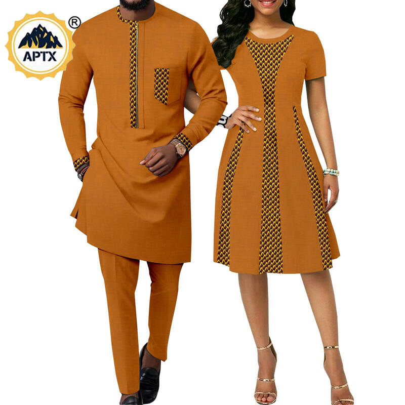 Vestidos africanos patchwork estampados para mulheres, roupas de casal combinando, dashiki, camisa de zíper masculina, conjuntos de top e calça, bazin RicheY22C055