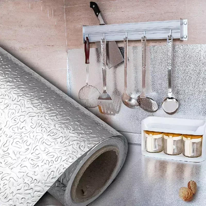Stiker Perekat Diri Tahan Minyak Dapur Modern Anti-kotor Kertas Dinding Kompor Gas Aluminium Foil Temperatur Tinggi