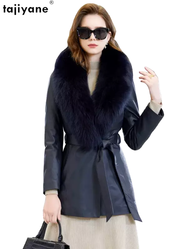 Tajiyane-jaqueta de couro real feminina, casaco de pele de carneiro genuíno, casacos luxuosos de inverno, gola de pele de raposa 2023