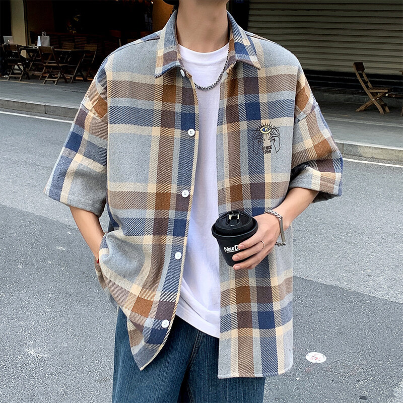 Patchwork xadrez camisas de manga curta masculinas, streetwear de lapela Y2K, tops casuais soltos, camisa Harajuku extragrande, tops coreanos, patchwork match