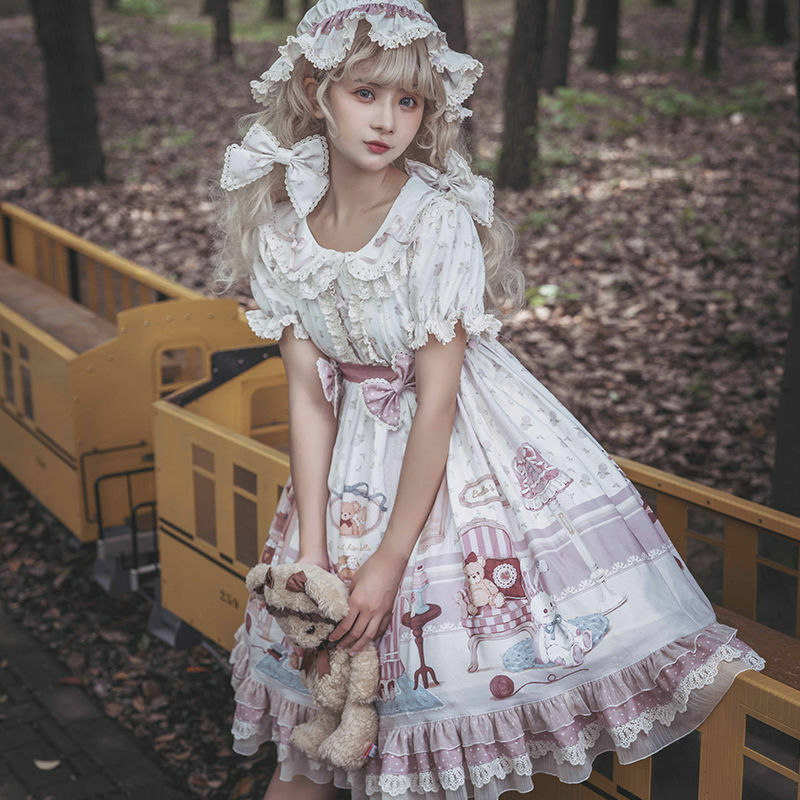 Kawaii Sweet Lolita Princess Dress Ruffles Cupcake Dress Bow OP Short Sleeve Doll Feeling Girly Camisole Dresses