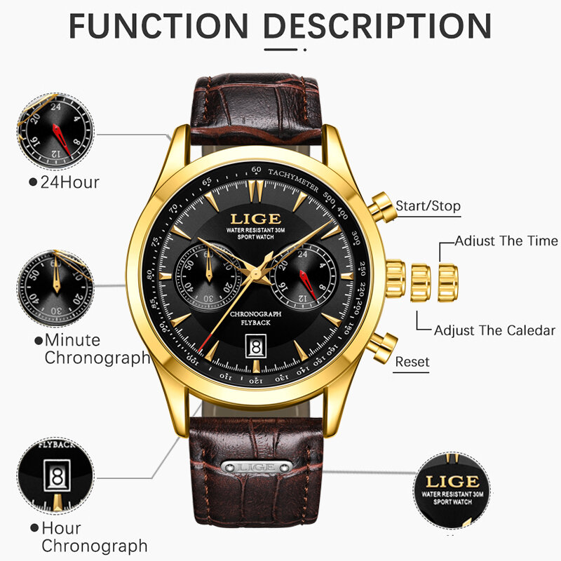 LIGE-Relógio de pulso com mostrador grande impermeável masculino, Pulseira de couro, Relógios masculinos, Luxo, Data