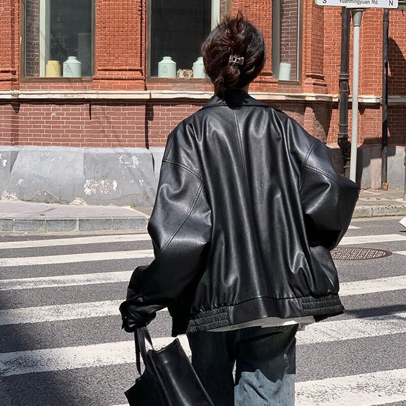 GIDYQ Vintage Moto kurtki ze sztucznej skóry kobiety Y2k główna ulica oversize kurtki dla motocyklistów BF para Punk luźna odzież wierzchnia Casual Harajuku