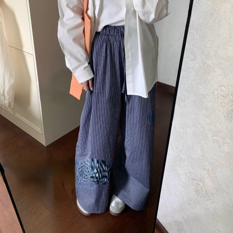 Deeptown Y2k Vintage prosty model w paski damskie spodnie na co dzień elastyczna talia koreańska moda luźna letnie spodnie Streetwear