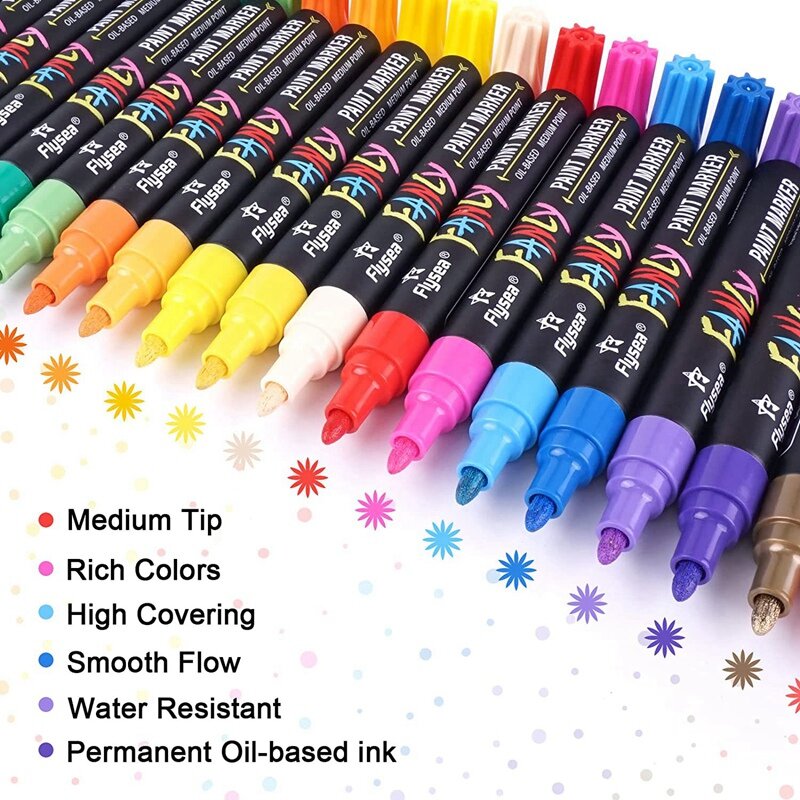 NEW-Paint Pens Paint Markers, 20 Colors Oil-Based Waterproof Paint Marker Pen Set, Never Fade Quick Dry And Permanent
