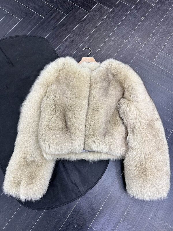 Abrigo corto de piel con cuello redondo, abrigo holgado de color puro con cremallera, cálido y cómodo, novedad de invierno 2023, 1201