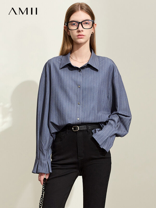 AMII-camisas minimalistas para mujer, camisa de manga acampanada a rayas con solapa, holgada, de longitud media, 2024