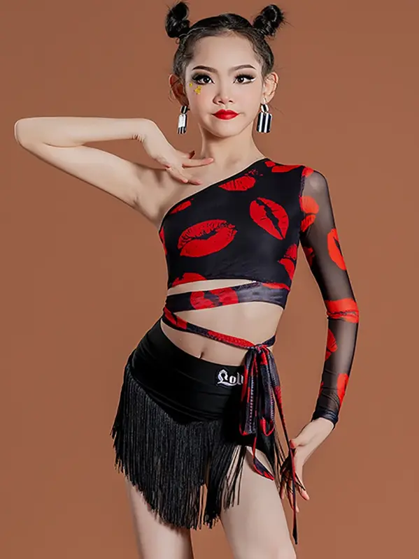 Kids Child Lolita Children Latin Dance Tassels Training Performance Girls Costume One Shoulder Cha Cha Samba Practice Dancewear