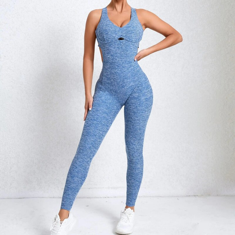 Blue Yoga Jumpsuits Women Sleeveless Solid Bodycon Sexy Rompers Hollow Out Backless Fashion Sporty Overall Fitness Clothes