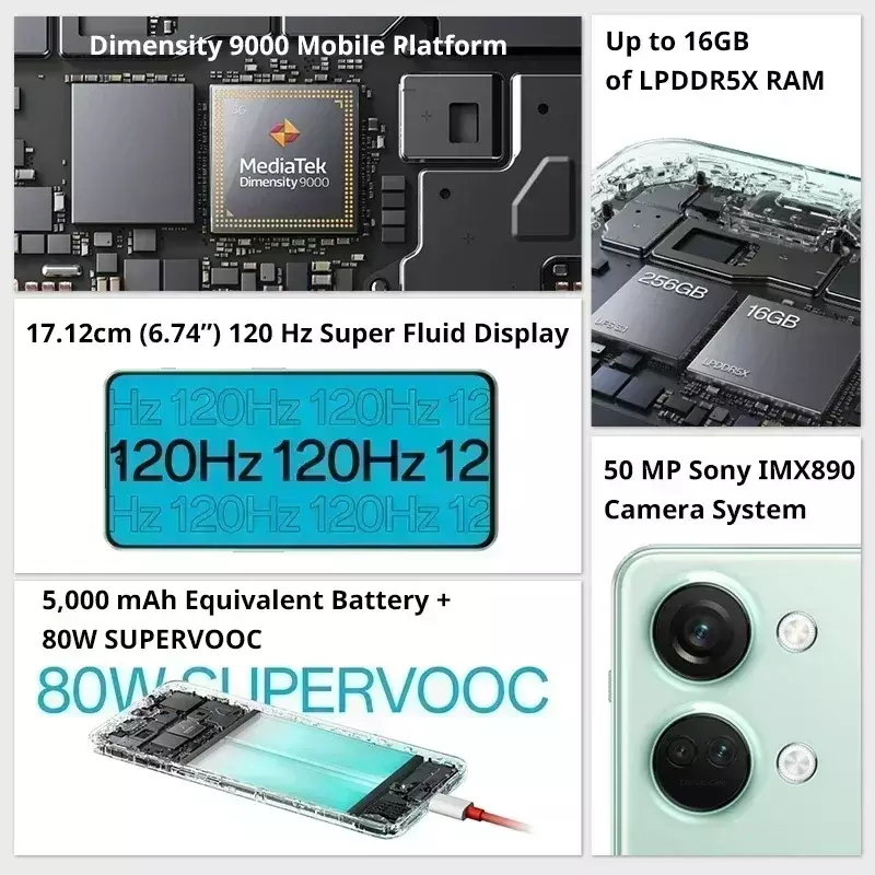 OnePlus-Smartphone Nord 3 Versão Global 5G, Câmera 50MP, SUPERVOOC 80W, 6,74 polegadas, Tela 120Hz, Dimensão 9000, 16GB, 256GB