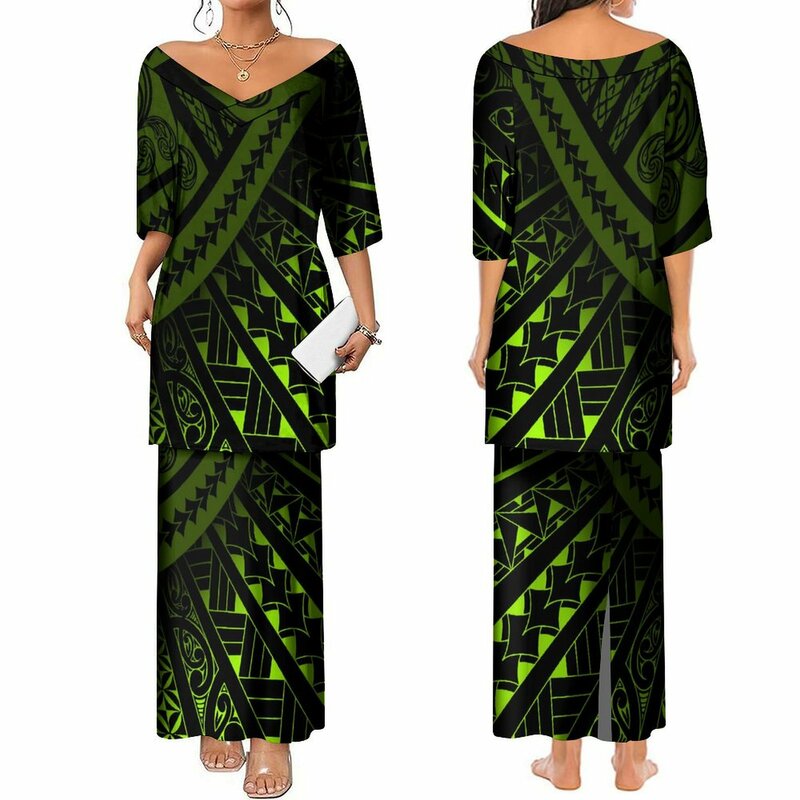 Drop Shipping Sexy Ladies Big V Neck Top Maxi Skirt Two Piece Set Customize Samoan Dresses Women Elegant Samoan Puletasi