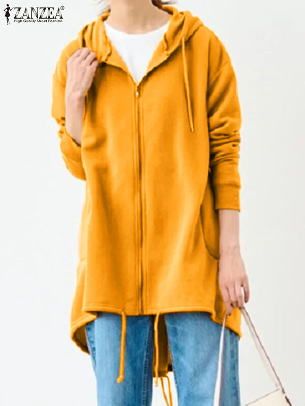 ZANZEA-moletons de manga comprida para mulheres, moletons monocromáticos, tops longos com zíper, casacos com capuz, costas curtas dianteiras, casuais e elegantes, outono