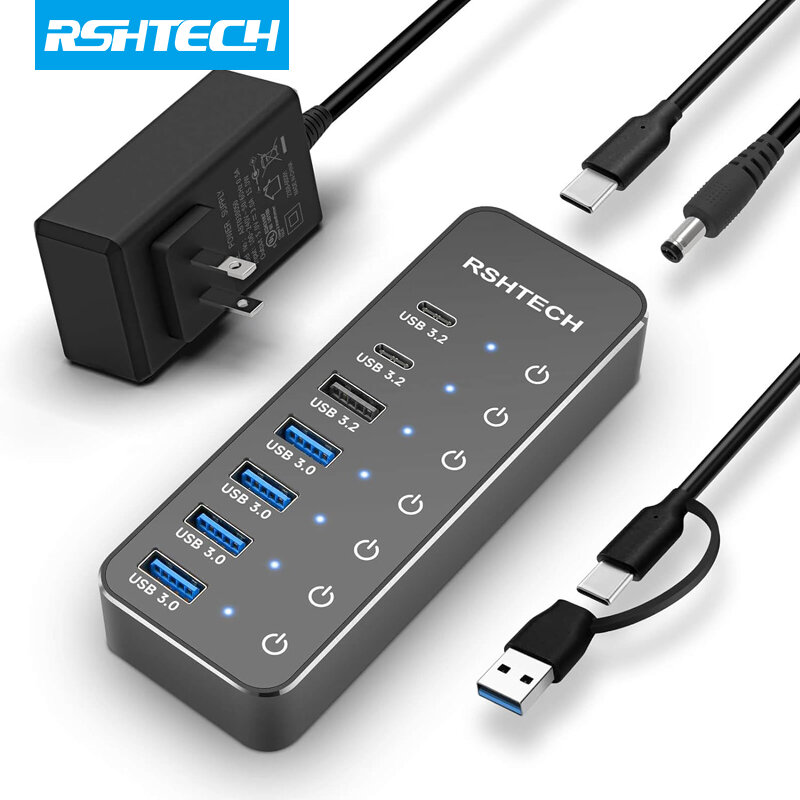 RSHTECH-concentrador de datos alimentado por USB 3,2 C, divisor de 10Gbps con interruptores de encendido/apagado individuales, extensión USB para MacBook y Mac